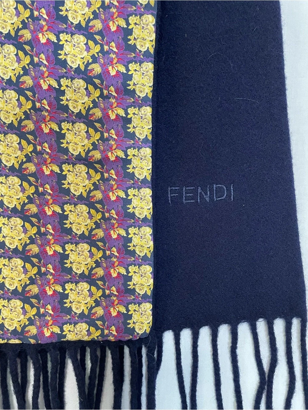 Vintage FENDI Cravatte Silk & Wool Double-Sided Fringe Scarf Floral Navy Italy